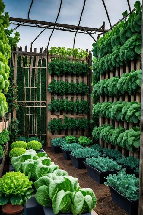 Vegetable garden with trellises and supports Greenhouse Vegetables Ideas, Vegetable Garden Front Of House, Green House Plants Gardening, Garden Growing Ideas, Vegetable Gardens Ideas Backyard, Courtyard Vegetable Garden, Modern Vegetable Garden, Vegetable Garden Landscape, Dream Vegetable Garden