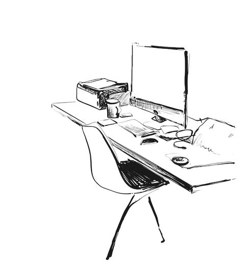 Desk Sketch, Desktop Computer Table, Computer Sketch, Desk Drawing, Computer Table Design, Business Desk, Modern Workplace, Table Computer, Workspace Desk