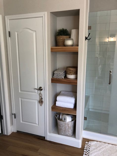 Bathroom With Cubbies, Bathroom Open Shelving Built Ins Towel Storage, Built In Wall Bathroom Storage, Narrow Bathroom Cabinet Storage, Bathroom Wall Built In Shelves, Built In Shelves Bathroom Decor, Bathroom Nook Storage, Cubbies In Bathroom, Bathroom Build In Wall Storage