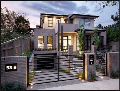 wrought iron driveway and pedestrian gates Concrete House Exterior, Modern Courtyard, House Main Gates Design, House Fence Design, House Facade, Front Gate, Concrete House, Garage Design, Australian Homes