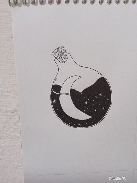 Jus a plain paper and a pen, you can do miracles. This one is a simple yet neat drawing. #circle #Black #Bulb #Moon Reference @Shihori Obata Shihori Obata, Moon Reference, Drawing Ideas Easy, Easy Drawings For Kids, Plain Paper, Black Pen, What To Draw, Ink Illustration, Ink Illustrations