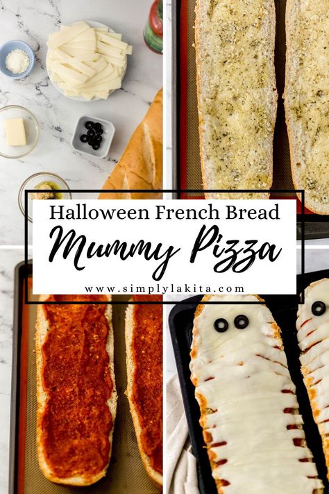 This French Bread Mummy Pizza is the perfect way to get ready for Halloween. It's a simple to make pizza recipe that is ready in less than 30 minutes with just a few ingredients. simplylakita.com #HalloweenRecipe Mummy Pizza Halloween, Halloween Food Mummy, Pizza Croissant, Mummy Pizza, Halloween Pizza, Homemade French Bread, Get Ready For Halloween, French Bread Pizza, Sourdough Pizza