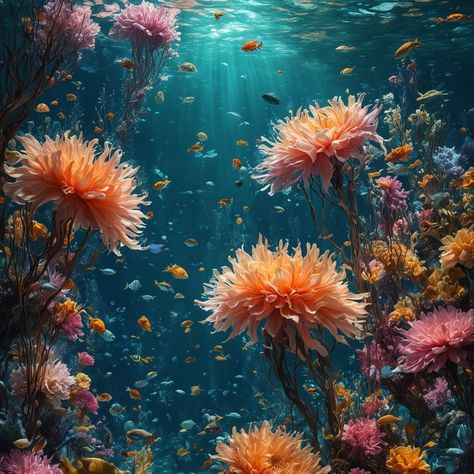 under water flowers and sea life #sealife #seaflower #underwater Flowers Underwater, Under Water Art, Urashima Taro, Aquatic Flowers, Worldly Things, Underwater Flowers, Ocean Plants, Sea Flowers, Underwater Plants