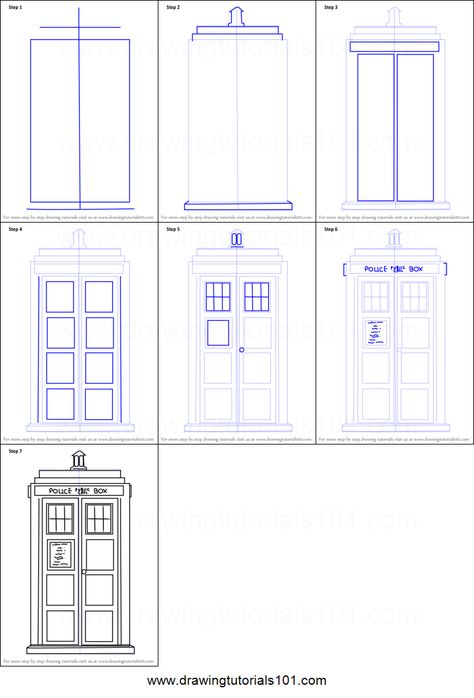 How to Draw Tardis from Doctor Who printable step by step drawing sheet : DrawingTutorials101.com Dr Who Police Box Drawing, Dr Who Doodles, Tardis Drawing, Doctor Who Painting, Doctor Who Drawings, Doctor Who Printable, Tardis Console, Doctor Who Clara, Doctor Who Poster