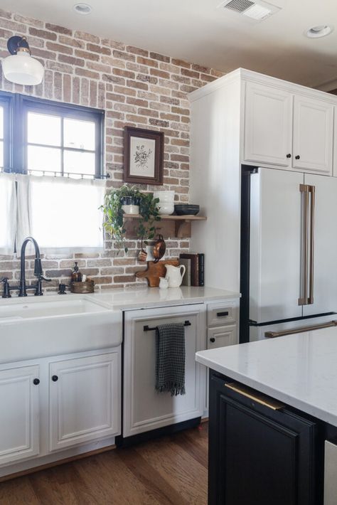 Brick Kitchen Backsplash, Brick Backsplash Kitchen, Project House, Brick Kitchen, Brick Backsplash, Charming Kitchen, Kitchen Ideas Dark Cabinets, Kitchen Ideas Dark, Butler Pantry