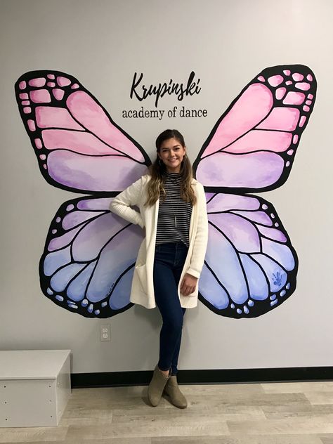 Handpainted pastel butterfly mural Painting On School Walls, Mural Wall Art Butterflies, Wall Painting Butterfly Design, Butterfly Drawing Wall Painting, Butterfly Wings Painting On Wall, Butterfly Wall Art Painted, Selfie Wall Decor, Butterfly Wing Wall Mural, Butterfly Wings Wall Art