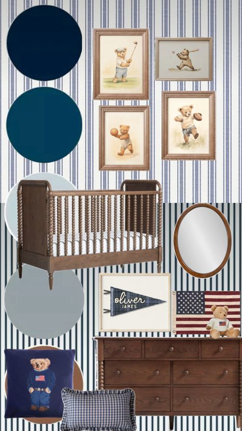 Nursery Truck Theme, Polo Ralph Lauren Nursery, Polo Bear Nursery, Boy Nursery Bookshelf Ideas, Baby Boy Nursery Room Ideas Teddy Bear, Ralph Lauren Baby Boy Nursery, Old Money Boy Nursery, Grandmillenial Boys Nursery, Modern Boy Nursery Ideas