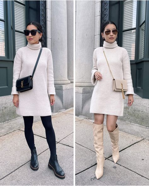 how to style a chunky sweater dress with boots // click the link to see how Boston blogger Jean Wang styles a mini-length sweater dress with 3 different styles of shoes: Chelsea boots, sneakers and knee high boots White Knit Dress Outfit, Outfit Ideas With Tights, White Sweater Dress Outfit, Sweater Dress Outfit Ideas, Ways To Wear A Sweater, Sweater Over A Dress, Sweater Dress Outfit Winter, Chunky Sweater Dress, Flat Chelsea Boots