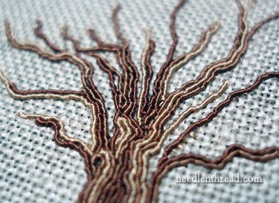 Hand Embroidered Tree- tutorial on creating a trunk from couched silk gimp thread Needlepoint Tree, Embroidery Trees, Embroidered Trees, Embroidery Tree, Embroidered Tree, Couching Stitch, Tree Tutorial, Tree Embroidery, Crewel Embroidery Kits