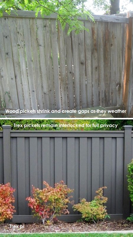 Wood pickets shrink and create gaps as they weather. Trex interlocking pickets continue to provide privacy through the fence's life. #Trexfencing Fence Makeover Before And After, Wood Privacy Fence Styles, Affordable Privacy Fence, Painted Wood Fence, Trex Fencing, Fence Extension, Backyard Fencing, Grey Fences, Concrete Stamp