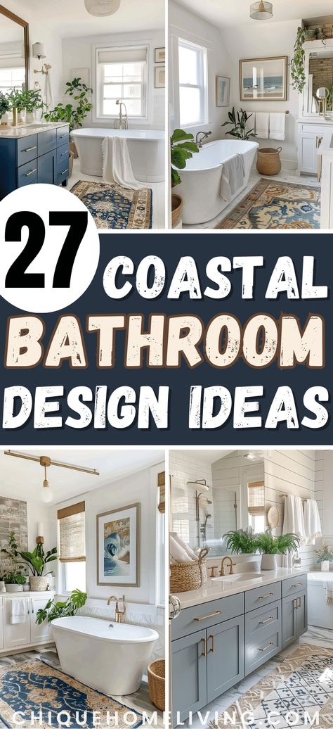 Are you looking for ways to bring the serene vibes of the coast into your bathroom? Check out these 27 curated visually calming coastal bathroom ideas! From breezy blues and sandy neutrals to nautical accents and beachy decor, find inspiration to transform your bathroom into a tranquil seaside escape. Coastal Modern Farmhouse Bathroom, Florida Bathroom Ideas, Christina On The Coast Bathroom, Beachy Bathroom Ideas, Coastal Master Bath, Guest Bathroom Ideas Decor, Modern Beach Bathroom, Bathroom Coastal Style, Coastal Chic Bathroom