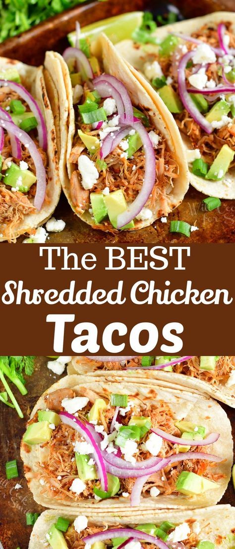 Perfectly tender, juicy, and flavorful Shredded Chicken Tacos is the perfect weeknight dinner. This shredded chicken recipe features chicken thigh meat, fire-roasted tomatoes, onions, chili pepper, lime, and lots of spices for the best taste. Make it in Instant Pot, Slow Cooker, or on stove-top. Slow Cooker Street Tacos Chicken, Street Taco Chicken Slow Cooker, Chicken Taco Meat Instant Pot, Stewed Chicken For Tacos, Sherreded Chicken Tacos, Chicken For Tacos Shredded, Crock Pot Chicken Recipes Tacos, Cuban Chicken Tacos, Chicken For Tacos Stove Top