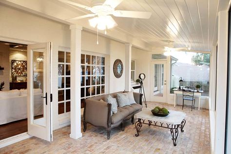 Interior French Country Sunroom, Porch Flooring Ideas, Country Living Room Design, French Country Exterior, Brick Floor, French Country Living, French Country Living Room, Sun Porch, Porch Furniture