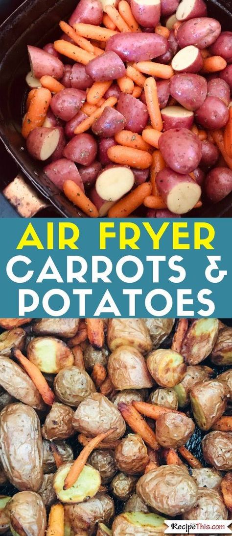 Air Fryer Carrots and Potatoes. How to air fry carrots and potatoes get the balance right so that you have perfectly roasted carrots and potatoes in a fraction of the calories and cooking time of oven baked. #airfryer #airfryerrecipes #airfryercarrots #airfryerpotatoes Fry Carrots, Roasted Carrots And Potatoes, Air Fryer Carrots, Air Fry Potatoes, Roasted Potatoes And Carrots, Potatoes And Carrots, Cooks Air Fryer, Air Fryer Oven Recipes, Air Fry Recipes