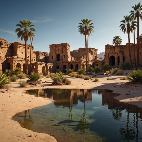 Forgotten Oasis: Ruins of a Desert Civilization,  on ArtStation at https://www.artstation.com/artwork/BXBNrA Desert Oasis Concept Art, Desert Civilization, Desert Structure, Desert Oasis Aesthetic, Desert Sci Fi, Oasis In Desert, Desert Market, Desert Building, Desert Ruins