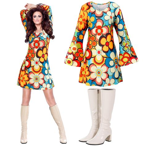 PRICES MAY VARY. 60S 70s Women's Hippie Costume Set: you will receive 1 piece of women's floral hippie dress, 1 pair of white leather knee high boots, the practical and thoughtful combination will bring you charming charm and make you the focus of the theme party Quality Material: 60s 70s floral hippie dress is made of polyester, suitable for people of different ages, the upper of the white boots is made of PU and the sole is made of rubber Retro 70s Floral Dress: the 70s hippie dress size is XX 60s Decade Day Outfits, 1960s Halloween Costumes, 1970's Outfits, Decade Day Outfits Spirit Week, 60s 70s Outfits, 70s Outfits Women, Disco Dresses, 70s Halloween Costume, Decades Day Outfits