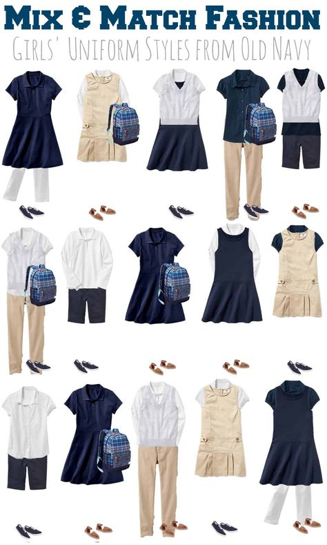 7.27 Mix & Match Fashion - GIRLS School Uniforms from Old Navy VERTICAL Mix Match Fashion, Toddler School Uniforms, Fashion Teenage School, School Uniform Pants, School Uniform Kids, School Uniform Fashion, School Uniform Outfits, Kids Uniforms, Casual School Outfits