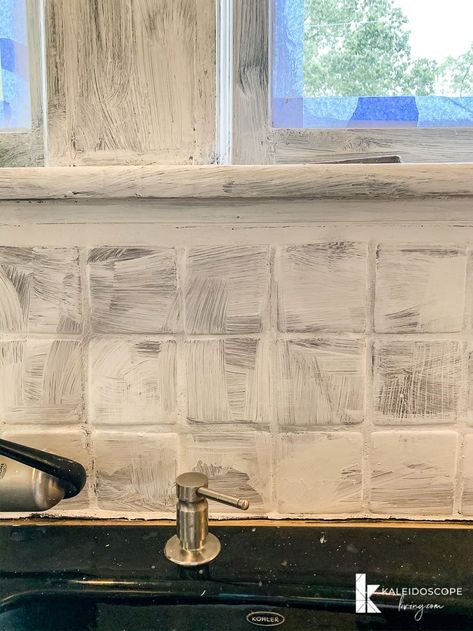 White Washing Tile Backsplash, Plaster Over Tile Backsplash, Whitewash Tile Backsplash, White Wash Tile Backsplash, Paint Backsplash Tile Before And After, Square Tile Backsplash Kitchen, Painted Tile Backsplash, Textured Tile Backsplash, Can You Paint Tile