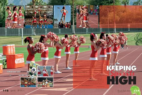 Palm Desert High School, Palm Desert, California/Cheerleading spread Yearbook Sports Spreads, Yearbook Page Ideas, Yearbook Covers Themes, Yearbook Design Layout, Old Yearbooks, Yearbook Template, Yearbook Class, Yearbook Staff, Palm Desert California