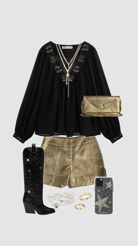 golden metallic shorts - black blouse - black cowboy boots - gold and silver jewellery - zadig et Voltaire golden bag - outfit inspo look soirée Black Blouse Outfit, Golden Bag, Black Cowboy Boots Outfit, Black Cowboy Boots, Metallic Shorts, Black Cowboy, Gold Shorts, Blouse Outfit, Zadig And Voltaire