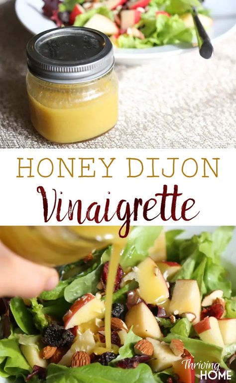 Homemade honey dijon vinaigrette. A tangy salad dressing that tops off sweet salads perfectly! You just can't beat a homemade salad dressing--they are so good! Healthy Homemade Salad Dressing Recipes, Tangy Salad Dressing, Nutritional Plan, Sweet Salads, Homemade Salad Dressing Healthy, Dijon Dressing, Salad Buah, Dijon Vinaigrette, Vinaigrette Salad