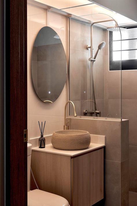 Northshore Drive | Renonation Singapore Bathroom Design, Half Wall Shower, Japandi Bathroom, Bathroom 2024, Japandi Home, Painted Paneling Walls, Small Bathroom Interior, Bathroom Ensuite, Renovation Budget