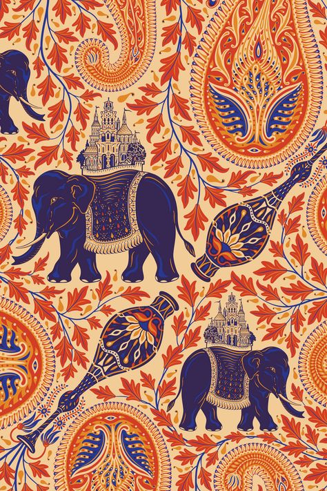 seamless repeat vector pattern design with paisleys, vases and fantasy Indidan elephants. #paisley #pattern #indian #elephant #vector #surfacepatterndesign #vase #treeoflife #textiledesign #apparel Indian Prints Wallpaper, Traditional Elephant Design, Indian Ornaments Pattern, Cultural Patterns Indian, India Pattern Design, Indian Patterns Illustration, South Asian Patterns, Indian Designs Pattern Art, Indian Print Wallpaper