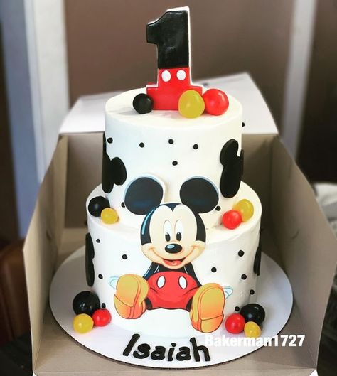 Mickey Mouse Cake 2 Tier, Mickey Mouse Cakes 1st Birthday, Mickey Mouse One Year Birthday Cake, First Birthday Cake Mickey Mouse, First Birthday Mickey Mouse Cake, Mickymaus Birthday Cake, Buttercream Mickey Mouse Cake, Mickey Mouse Cake Ideas 1st Birthday, Mickey Mouse Pinata 1st Birthdays