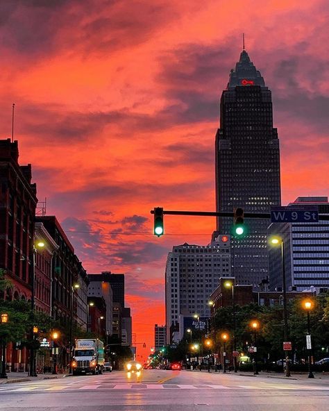 Downtown Cleveland Ohio, Sunset Color Palette, Ohio Photography, Downtown Cleveland, Forest City, Winter Sky, Light Building, City Wall Art, Sunset Colors