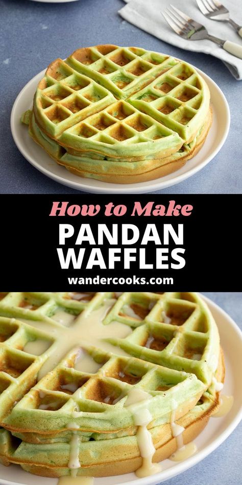 Whip up a batch of Vietnamese style Pandan Waffles in less than 15 minutes. Chewy, fluffy and a little bit crispy, these bright green waffles are filled with coconut and pandan flavours. Pandan Waffles, Green Waffles, Easy Vietnamese Recipes, Vietnamese Style, Cookies Bars, Pancake Recipes, Easy Asian Recipes, Tasty Pancakes, Vietnamese Food