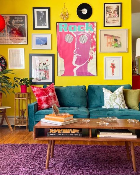 Describe your home’s style in 5 words or less: Colorful, DIY, secondhand, ’70s, arty Living Room 70s, 70s Living Room, Room Partition Wall, Colorful Apartment, Small Apartment Living Room, Living Room Photos, Living Room Partition, Apartment Aesthetic, Small Apartment Decorating