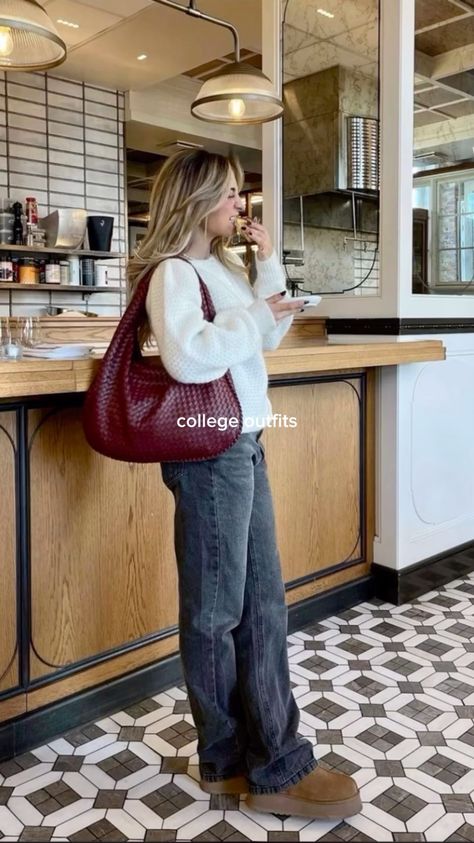 Brown Suded Boots Outfit, Fall Outfits2024, Light Bootcut Jeans Outfit, Red Shoulder Bag Outfit, Woven Bag Outfit, Red Bag Aesthetic, Dark Red Bag, Red Bag Outfit, Dinner Outfit Fall