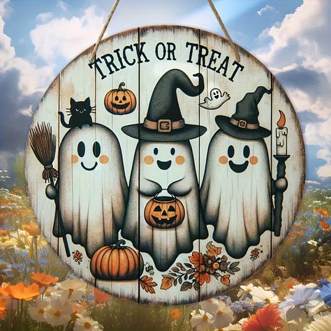 Faster shipping. Better service Origin Of Halloween, Wooden Door Signs, Wooden Wreaths, Halloween Wreaths, Halloween Door, Vintage Horror, Fall Outdoor, Trick Or Treater, Cute Ghost