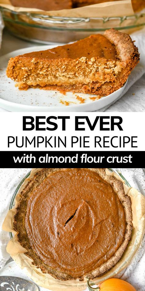 This healthy pumpkin pie recipe without condensed milk is so delicious, creamy, and full of pumpkin flavor! Made with almond flour crust and dairy-free pumpkin pie filling, this easy pumpkin recipe is perfect for Thanksgiving and the holidays! Healthy Pumpkin Pie Crust, Almond Flour Pumpkin Pie, Clean Eating Pumpkin Pie, Paleo Pumpkin Pie Bars, Pumpkin Pie Crust, Healthy Pumpkin Pie Recipe, Dairy Free Pumpkin Pie, Pumpkin Pie Bars Recipe, Almond Flour Crust