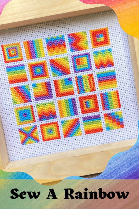 The joy of sewing a rainbow cross stitch squares project. Love sewing - rainbow sewing. Enjoy the mindfulness of the repetitive stitch that can help heal the soul. Small Rainbow Cross Stitch, Cross Stitch Rainbow, Stitch Rainbow, Heal The Soul, Rainbow Cross Stitch, Rainbow Squares, Rainbow Ideas, 1 Pixel, Easy Cross Stitch Patterns