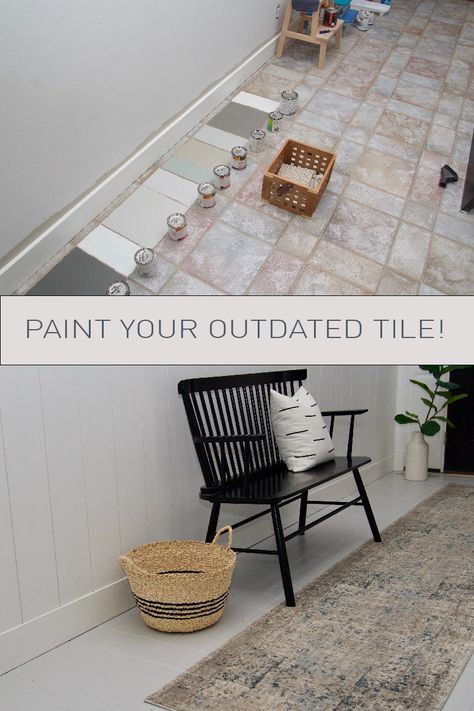 COMPLETE GUIDE TO PAINTING TILE - BEFORE AND AFTER Painting Tile Floors, Painting Ceramic Tiles, Painted Floor, Tile Flooring, Painted Floors, Painting Tile, Painting Bathroom, Diy Home Improvement, Home Renovation