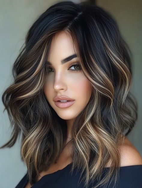 Brunette Balayage Fall Hair, Lighter Hair Colors For Dark Hair, Blond Hair With Dark Brown Lowlights, Dark Hair With Highlights Blue Eyes, Dark Lowlights With Blonde Highlights, Dark Hair With Some Highlights, Dark Brown With Blonde Lowlights, Chinese Hair Highlights, Post Surgery Hairstyles