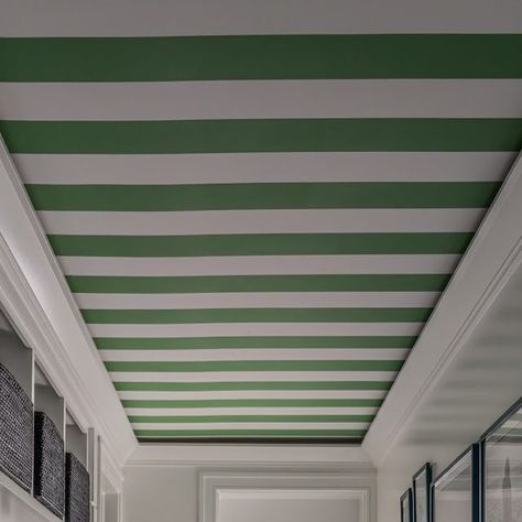 Megan Gorelick Interiors on Instagram: "I guess we kinda have a thing for stripes on the ceiling?! • • • #megangorelickinteriors #interiordesign #mudroom #laundryroom" Stripe Interior Design, Megan Gorelick Interiors, Ceiling Wallpaper Hallway, Wallpaper Mudroom Ideas, Wallpaper On Ceiling, Bathroom Ceiling Ideas, Striped Hallway, Downstairs Hallway, Striped Ceiling