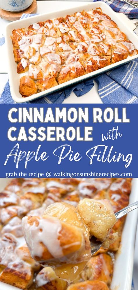 This Cinnamon Roll Casserole with Apple Pie Filling is a decadent breakfast or brunch treat perfect for holidays and special gatherings. The heavy cream adds an irresistible richness you won't be able to resist! Biscuits And Pie Filling Dessert, Cinnamon Roll Casserole With Apples, Cinnamon Rolls And Apple Pie Filling, Cinnamon Roll Apple Casserole, Cinnamon Roll Apple Pie Filling, Apple Pie Cinnamon Roll Casserole, Apple Pie Cinnamon Rolls, Decadent Breakfast, Best Cinnamon Roll Recipe