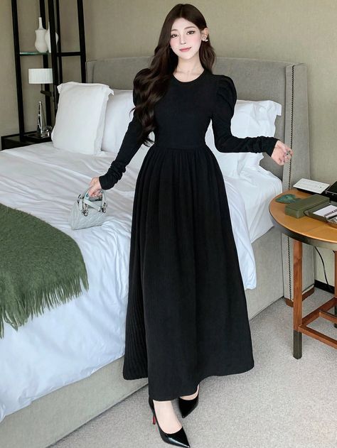 Women's Long Waist Gathered Puff Sleeve Black Thick Warm Dress, Back To School Season Dress Black Casual  Extra-Long Sleeve Knitted Fabric Plain A Line High Stretch Fall/Winter Women Clothing, size features are:Bust: ,Length: ,Sleeve Length: New Long Frock Models, Korean Black Dress, Long Black Dress Casual, Long Frock Models, Long Black Dress Outfit, Frock Models, Formal Dress Black, Black Frock, Long Frock