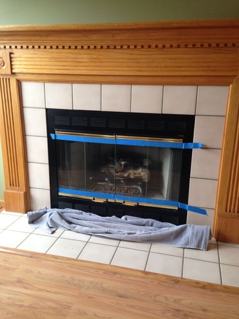 DIY – Fireplace Update Refinished Fireplace Mantle, Oak Mantle Makeover, Mantle Update Diy, Oak Fireplace Makeover Before And After, Painting Oak Fireplace, 80s Fireplace Makeover, Painting Fireplace Mantel, Fireplace Makeover Before And After, 90s Fireplace Makeover