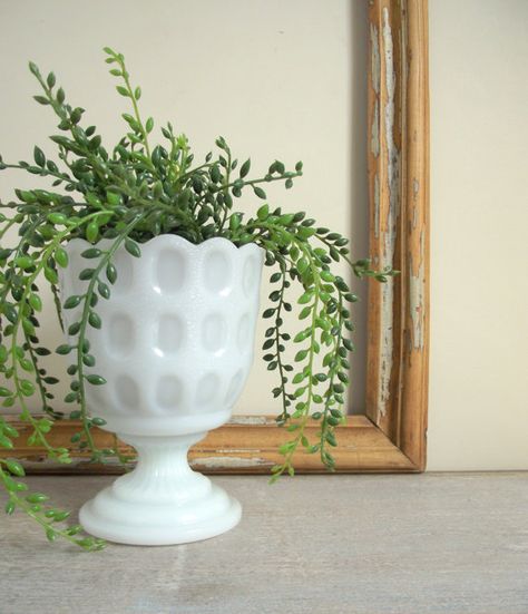 Vintage Milk Glass Planter / White Thumbprint Pedestal by gazaboo Milk Glass Display, Milk Glass Decor, Milk Glass Collection, White Centerpiece, Milk Glass Vase, Glass Planter, House Plants Decor, White Milk Glass, Vintage Glassware