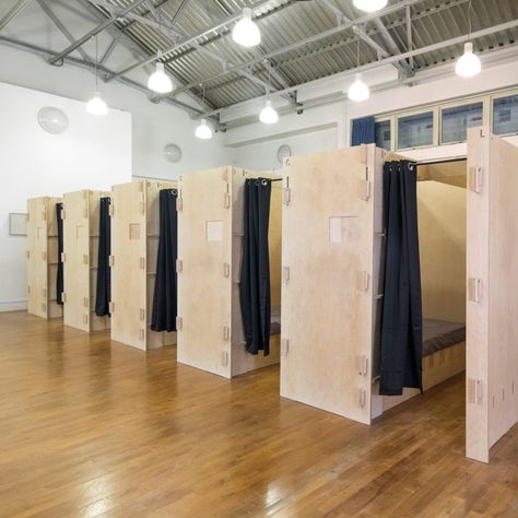 Wooden sleeping pods by Reed Watts made available to homeless people in London Homeless Shelter Ideas, Homeless Shelter Design, Nap Pod, Sleep Box, Homeless Housing, Shelter Ideas, Sleeping Pods, Hostels Design, Shelter Design