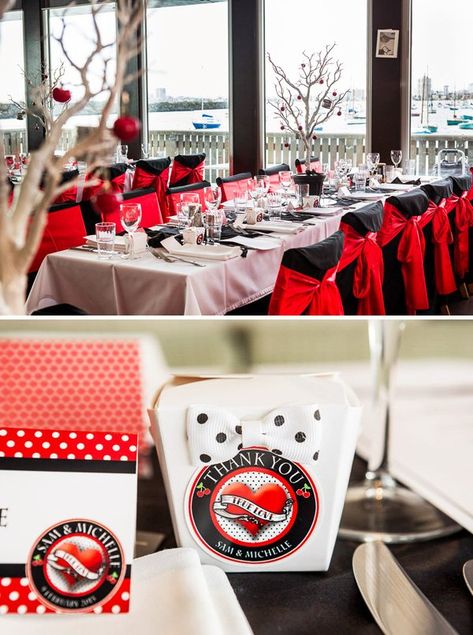 Red, Black & White Rockabilly Wedding // Hostess with the Mostess® Black And White Centerpieces, Red Wedding Favors, Rockabilly Party, 50s Wedding, Rockabilly Wedding, Rock N Roll Wedding, 1950s Wedding, White Centerpiece, Retro Wedding