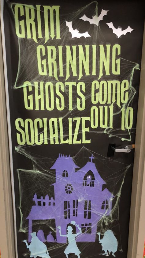 Haunted Mansion Door Decor, Halloweentown Door Decorations, Haunted Mansion Classroom, Haunted Mansion Bulletin Board, Haunted Mansion Classroom Door, Disney Halloween Door Ideas, Halloween Door Decorations Contest Apartment, Haunted Mansion Door Decoration, Disney Halloween Classroom Door