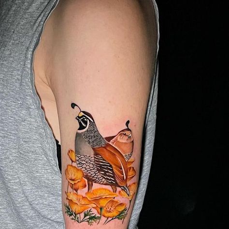 California Quail Tattoo, Quail Tattoo Ideas, California Tattoo Ideas, Quail Tattoo, 17 Tattoo, California Poppy Tattoo, Arizona Tattoo, California Quail, Wildlife Tattoo