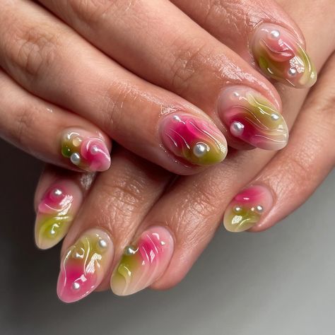 3D pink + green nails 💚💗 kind of reminds me of gummies 🍭 . . . . . . . . . #dallasnailtech #planonailtech #naturalnails #frisconailtech #naturalnailspecialist #3dnailart #3dnails #airbrushnailart #airbrushnails #softgelnails #summernails Pink And Green Gel Nails, Green And Pink Gel Nails, Pink And Green Aura Nails, Green And Pink Nails Designs, Gummy Nails, Nails Green And Pink, Pink And Green Nails Design, Green Pink Nails, Pink Green Nails