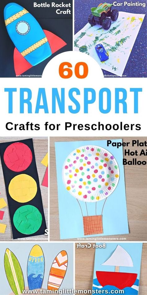 60 Transportation Arts and Crafts for Kids. Fun and easy craft ideas for preschoolers and kindergarteners who love machines and vehicles. #transport #artsandcrafts #preschoolers #kindergarten Transport Ideas Preschool, Books About Transportation For Preschool, Trucks Crafts Preschool, Shape Transportation Craft, Transport Creative Activities, Air Vehicles Activities For Kids, Vehicles Kindergarten Activities, Transportation Prek Crafts, Preschool Bike Craft