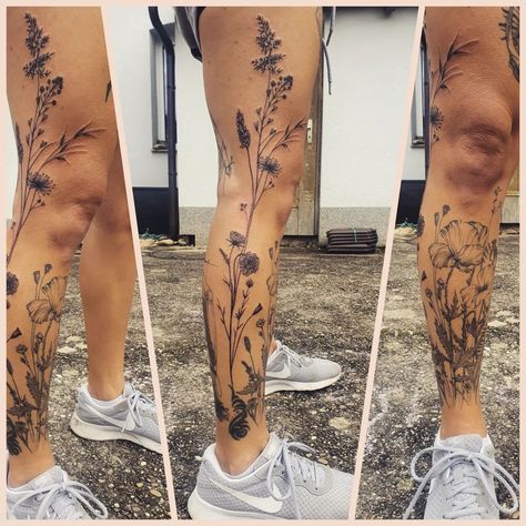 Wild Flower Tattoo Leg Sleeve, Women’s Full Leg Tattoo, Feminine Tattoo Sleeves Leg, Flower Tattoos Calf, Wild Flower Tattoo Leg, Cottagecore Leg Tattoo, Wildflowers Leg Tattoo, Leg Garden Tattoo, Long Leg Tattoos For Women