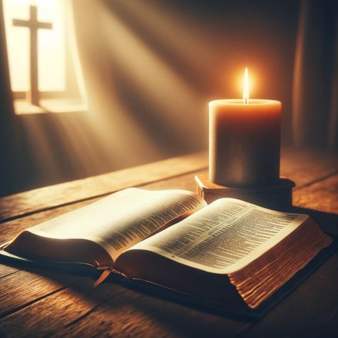 An open Bible on a wooden table with a candle lit next to it, casting a warm glow over the pages. The room is softly lit, suggesting a peaceful and contemplative atmosphere. This scene symbolizes the act of studying the Bible and seeking wisdom through prayer. In the background, there's a faint silhouette of a cross, emphasizing the central role of Jesus in faith. This image aims to evoke a sense of spiritual reflection and the importance of core Christian beliefs. Christian Background Images, Holly Bible, Jesus Background, Cross Background, Studying The Bible, Spiritual Reflection, Samsung Galaxy Wallpaper Android, Bible Photos, Open Bible